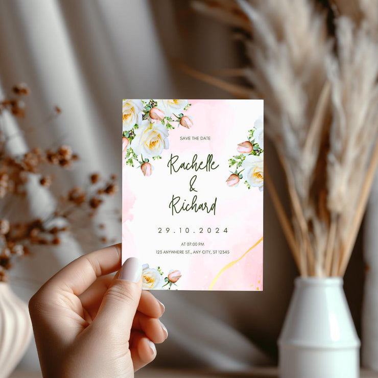 Pink floral and White Rose Wedding Invitation Template | Editable Pink Watercolor Accents | Instant Download Canva design