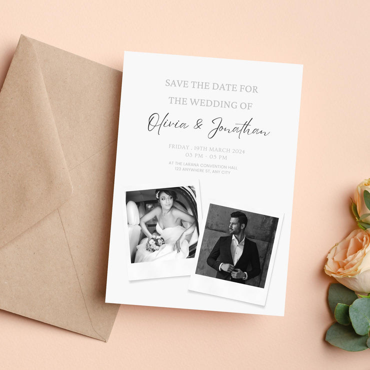 Personalized Modern Polaroid Wedding Invitation Template – Minimalist Black-and-White Design with Customizable Canva design for Easy Editing