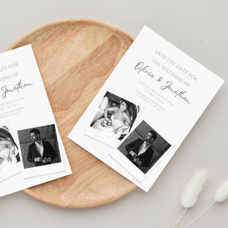 Personalized Modern Polaroid Wedding Invitation Template – Minimalist Black-and-White Design with Customizable Canva design for Easy Editing