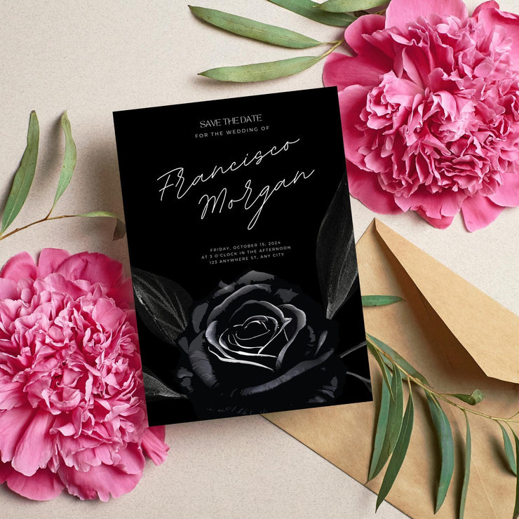 Black Rose Elegant Wedding Invitation Template - Customizable Canva Design| black theme wedding