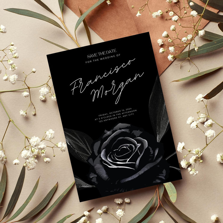 Black Rose Elegant Wedding Invitation Template - Customizable Canva Design| black theme wedding