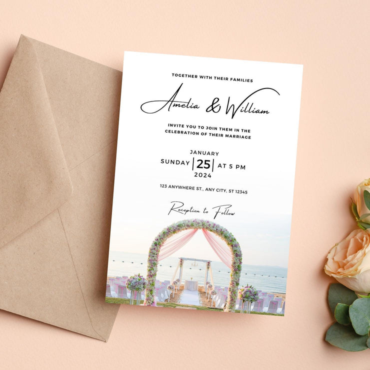 Beach Wedding Invitation Template | Editable Floral Arch Design | Digital Wedding Invite |wedding party