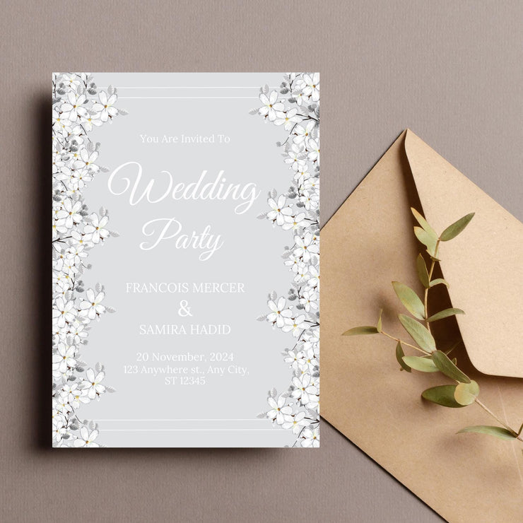 Floral and silver Wedding Invitation Template | Customizable Canva Invitation with Editable Text | Instant Download / wedding party invite