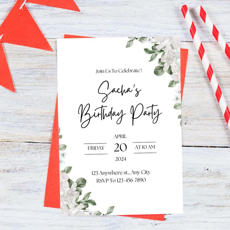 Floral Greenery Birthday Invitation | Customizable Digital Template for Elegant Celebrations- party invite