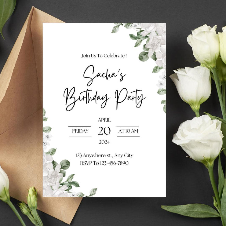 Floral Greenery Birthday Invitation | Customizable Digital Template for Elegant Celebrations- party invite