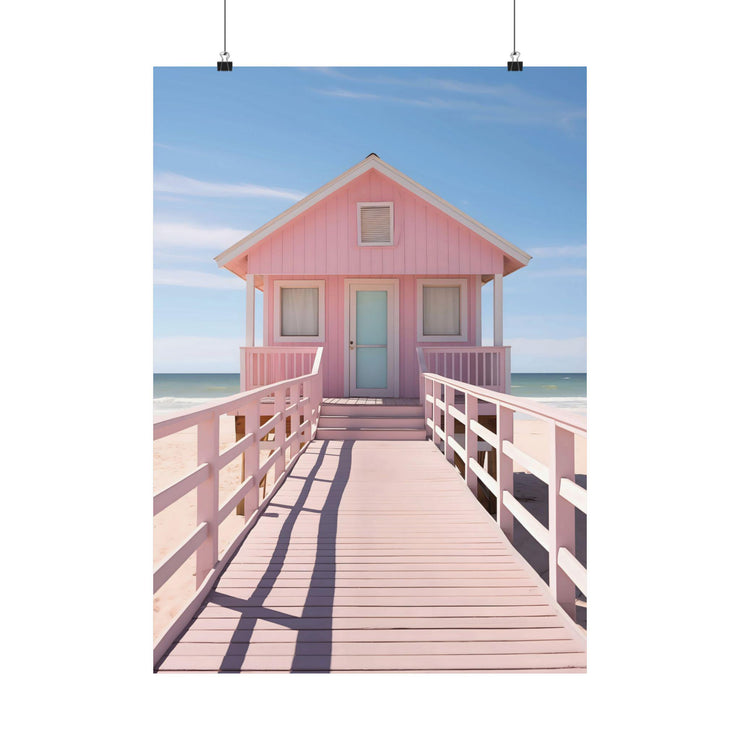 Pink Beach House Wall Art Poster- Coastal Minimalist Decor, Pastel Seaside Print, Tropical Beach House Art for Modern Home. Pink beach house