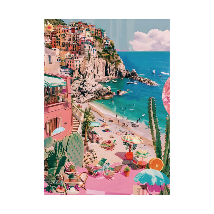 Colourful Mediterranean Beach Wall Art - Italian Coastal Village Poster - Vibrant Seaside Decor Print - Pink and Blue Pastel Beach Landscape