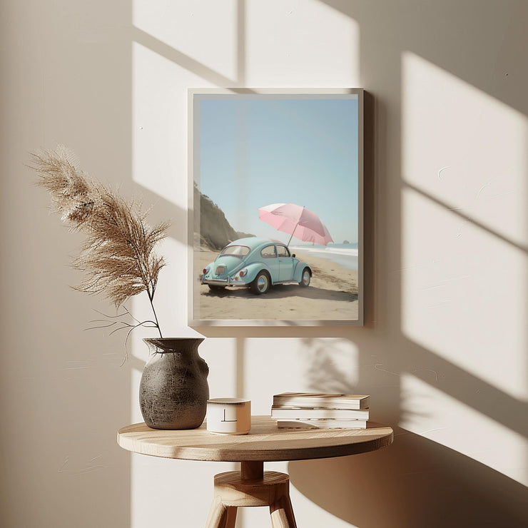 Retro Car Art Print, Vintage Car with Pink Umbrella Wall Art, Coastal Beach Decor Poster, Summer Vibes Wall Art, Blue Beetle Beach Scene