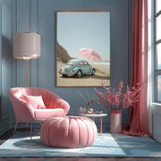 Retro Car Art Print, Vintage Car with Pink Umbrella Wall Art, Coastal Beach Decor Poster, Summer Vibes Wall Art, Blue Beetle Beach Scene