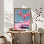 Retro Beach Wall Art- Pink Vintage Car and Palm Trees - Art Print for Home Decor - Premium Matte Poster for Modern Living Room or Bedroom