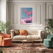 Retro Beach Wall Art- Pink Vintage Car and Palm Trees - Art Print for Home Decor - Premium Matte Poster for Modern Living Room or Bedroom