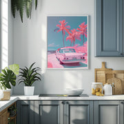 Retro Beach Wall Art- Pink Vintage Car and Palm Trees - Art Print for Home Decor - Premium Matte Poster for Modern Living Room or Bedroom