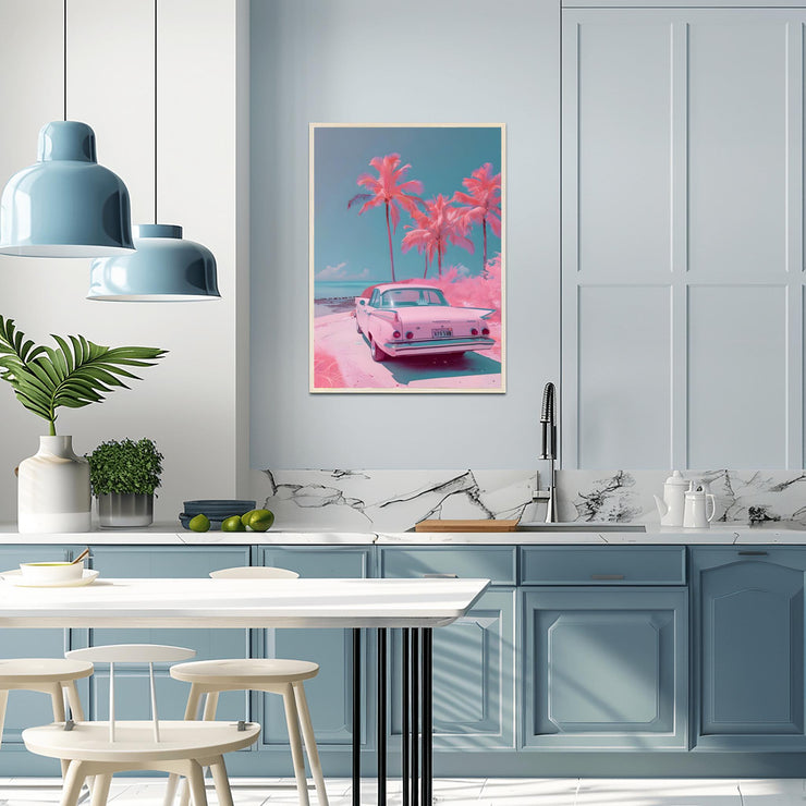 Retro Beach Wall Art- Pink Vintage Car and Palm Trees - Art Print for Home Decor - Premium Matte Poster for Modern Living Room or Bedroom