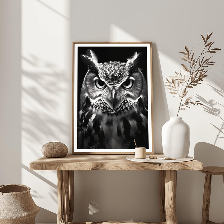 Majestic Owl Wall Art Print - Black and White Poster, Premium Matte Animal Artwork for Home Décor, Minimalist Wildlife Photography Poster