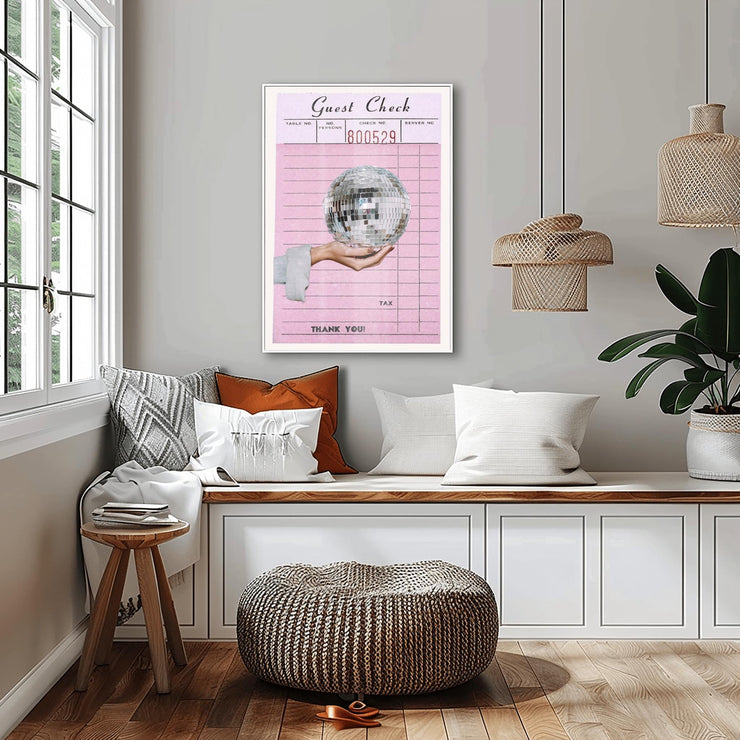 Retro Disco Ball Art Print | Pink Guest Check Poster | Vintage Aesthetic Wall Decor | Fun Bar Room Poster | 80s Dance Vibe Home Decor