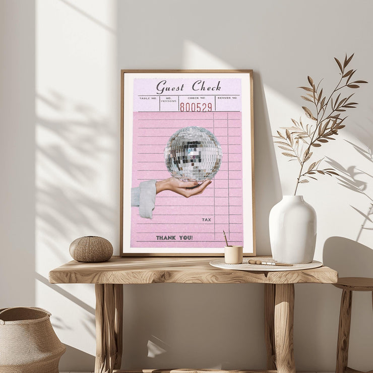 Retro Disco Ball Art Print | Pink Guest Check Poster | Vintage Aesthetic Wall Decor | Fun Bar Room Poster | 80s Dance Vibe Home Decor