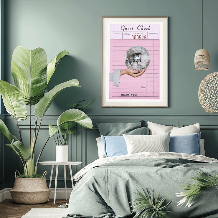 Retro Disco Ball Art Print | Pink Guest Check Poster | Vintage Aesthetic Wall Decor | Fun Bar Room Poster | 80s Dance Vibe Home Decor