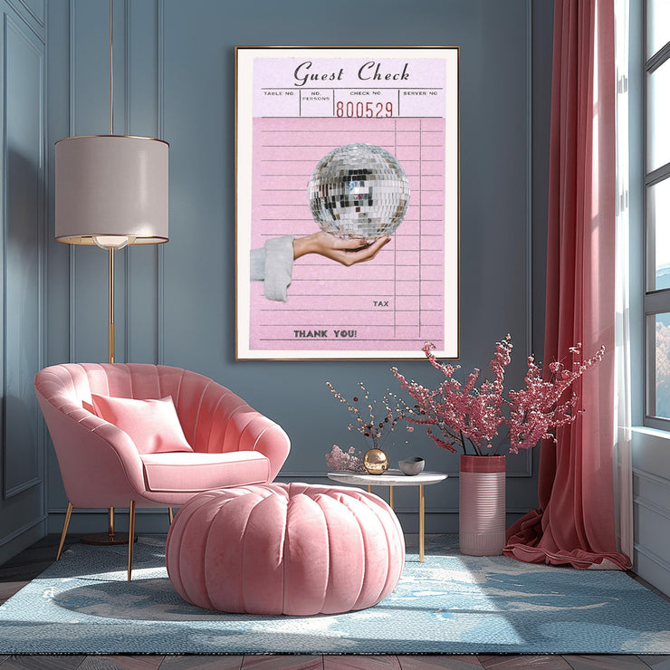 Retro Disco Ball Art Print | Pink Guest Check Poster | Vintage Aesthetic Wall Decor | Fun Bar Room Poster | 80s Dance Vibe Home Decor