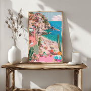 Colourful Mediterranean Beach Wall Art - Italian Coastal Village Poster - Vibrant Seaside Decor Print - Pink and Blue Pastel Beach Landscape