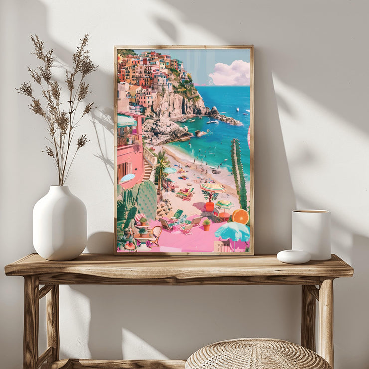 Colourful Mediterranean Beach Wall Art - Italian Coastal Village Poster - Vibrant Seaside Decor Print - Pink and Blue Pastel Beach Landscape