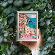 Colourful Mediterranean Beach Wall Art - Italian Coastal Village Poster - Vibrant Seaside Decor Print - Pink and Blue Pastel Beach Landscape