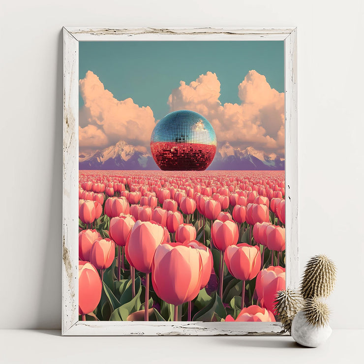 Disco Ball in Tulip Field Art Print– Floral Landscape Wall Art, Vintage Poster, Pink Tulip Mountains, Unique Boho Aesthetic Home Decor