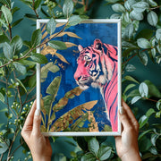 Pink Tiger Jungle Wall Art Poster | Vibrant Blue Botanical Print | Modern Animal Decor / Matte poster