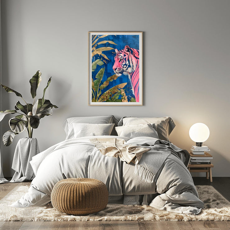 Pink Tiger Jungle Wall Art Poster | Vibrant Blue Botanical Print | Modern Animal Decor / Matte poster