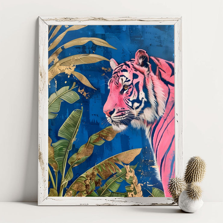 Pink Tiger Jungle Wall Art Poster | Vibrant Blue Botanical Print | Modern Animal Decor / Matte poster