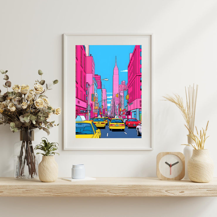 New York City Pop Art Poster - Vibrant Urban Street Scene Wall Decor - Colorful NYC Taxi Print - Modern Cityscape Art Print for Home- Office