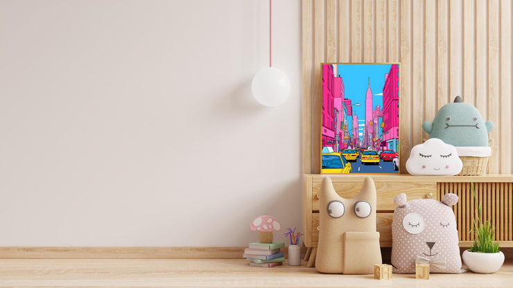 New York City Pop Art Poster - Vibrant Urban Street Scene Wall Decor - Colorful NYC Taxi Print - Modern Cityscape Art Print for Home- Office