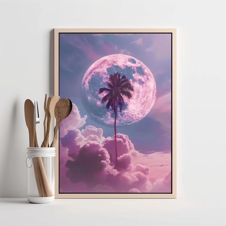 Dreamy Moon and Palm Tree Art Print | Pink and Purple Cloudscape Wall Decor | Tropical Surreal Wall Art Poster for your home- moon poster