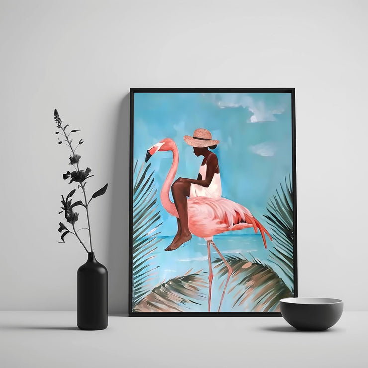 Elegant Flamingo Art Print | Coastal Wall Art Poster | African Woman Tropical Decor | Boho Animal Print | Vibrant Matte Art for Home