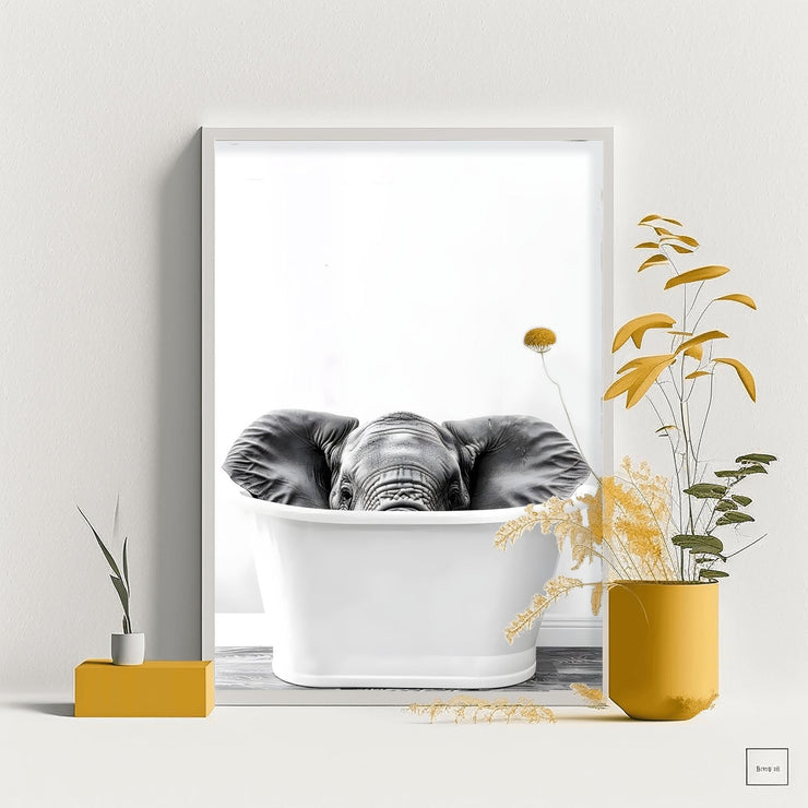 Elephant in Bathtub Wall Art Print – Modern Animal Poster, Unique Bathroom Decor, Premium Matte Poster, Funny Elephant Print for Home Decor