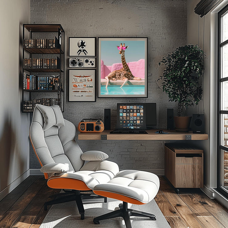 Quirky Giraffe Poolside Art Print | Pink Sunglasses Wall Art | Fun Animal Decor Poster for Home or Office