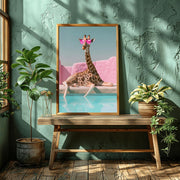 Quirky Giraffe Poolside Art Print | Pink Sunglasses Wall Art | Fun Animal Decor Poster for Home or Office