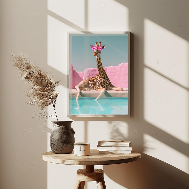 Quirky Giraffe Poolside Art Print | Pink Sunglasses Wall Art | Fun Animal Decor Poster for Home or Office