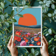 Vibrant Sunset Wildflower Meadow Art Print - Bold Minimalist Landscape Poster - Boho Wall Decor- nature poster