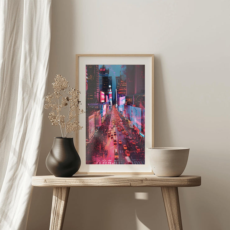 Times Square Neon Cityscape Poster - Urban Night Wall Art Print, New York City Street View, Modern Digital Art for Home Decor