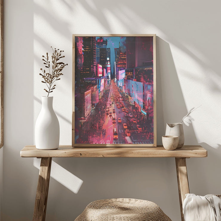 Times Square Neon Cityscape Poster - Urban Night Wall Art Print, New York City Street View, Modern Digital Art for Home Decor