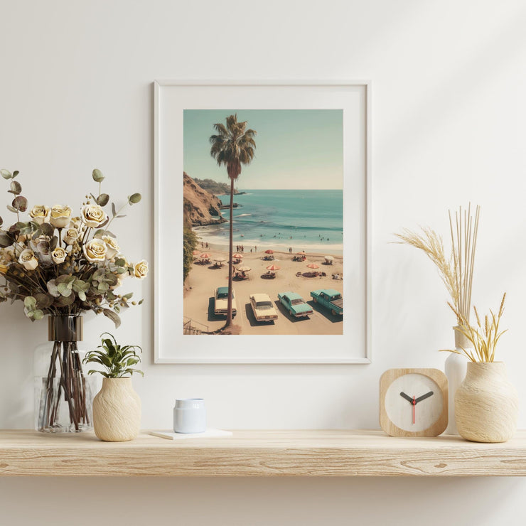 Vintage Beach Scene Wall Art Poster – Retro Coastal Decor, California Palm Tree Art Print, Vintage Ocean Landscape Poster