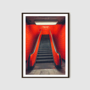 Urban Red Subway Escalator Art Print, Minimalist Wall Decor, Modern Industrial Poster, Red Tiled Underground Art, Contemporary Home Decor