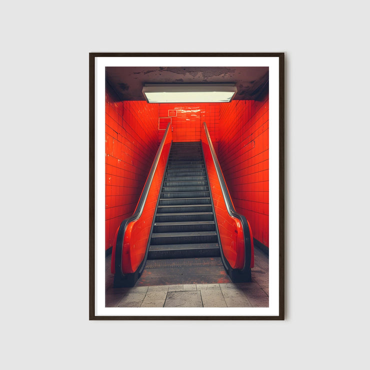 Urban Red Subway Escalator Art Print, Minimalist Wall Decor, Modern Industrial Poster, Red Tiled Underground Art, Contemporary Home Decor