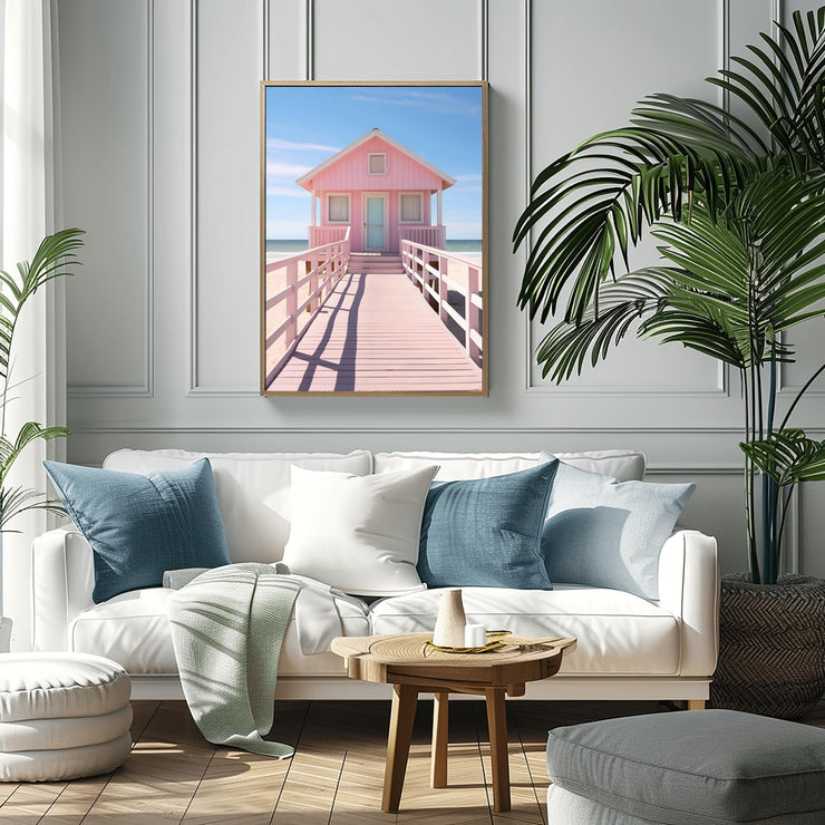 Pink Beach House Wall Art Poster- Coastal Minimalist Decor, Pastel Seaside Print, Tropical Beach House Art for Modern Home. Pink beach house