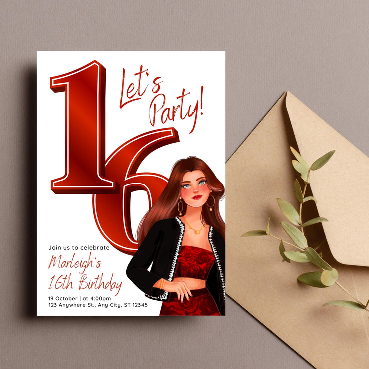 Sweet 16 Birthday Invitation Template | Editable Canva Invitation | Digital Download | Red Themed Invitation for Teens