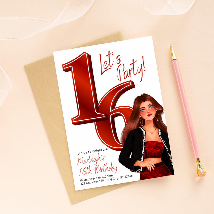 Sweet 16 Birthday Invitation Template | Editable Canva Invitation | Digital Download | Red Themed Invitation for Teens