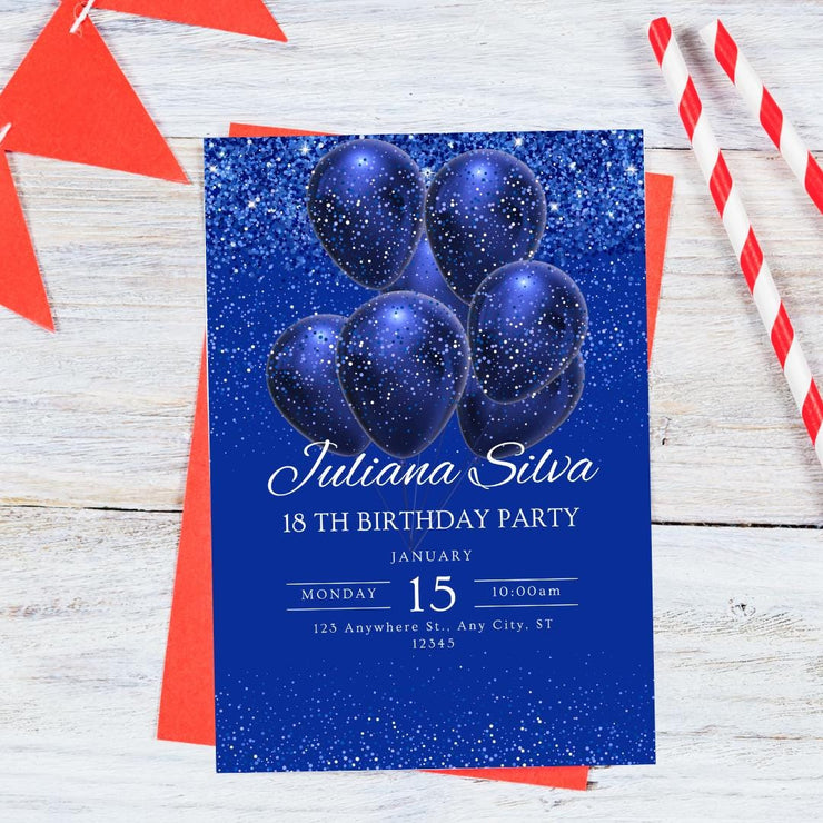 Elegant Blue Sparkle Birthday Invitation - Customizable Canva Template for celebrating Parties