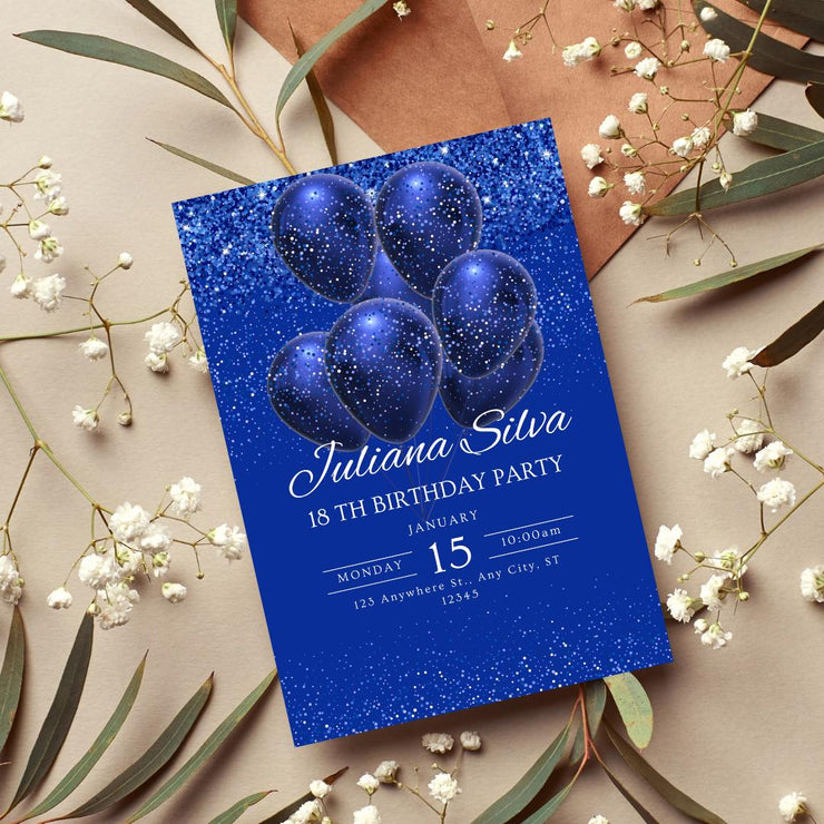 Elegant Blue Sparkle Birthday Invitation - Customizable Canva Template for celebrating Parties