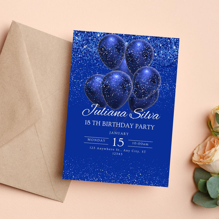 Elegant Blue Sparkle Birthday Invitation - Customizable Canva Template for celebrating Parties