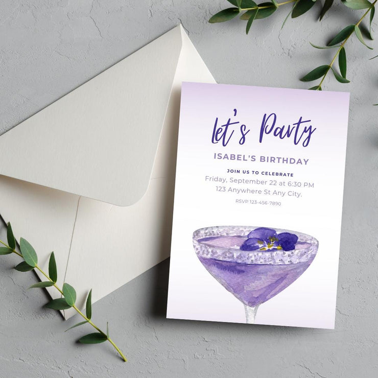 Elegant Violet/ purple Birthday Party Invitation Template – Customizable Canva Design for Any Event- cocktail birthday invitation